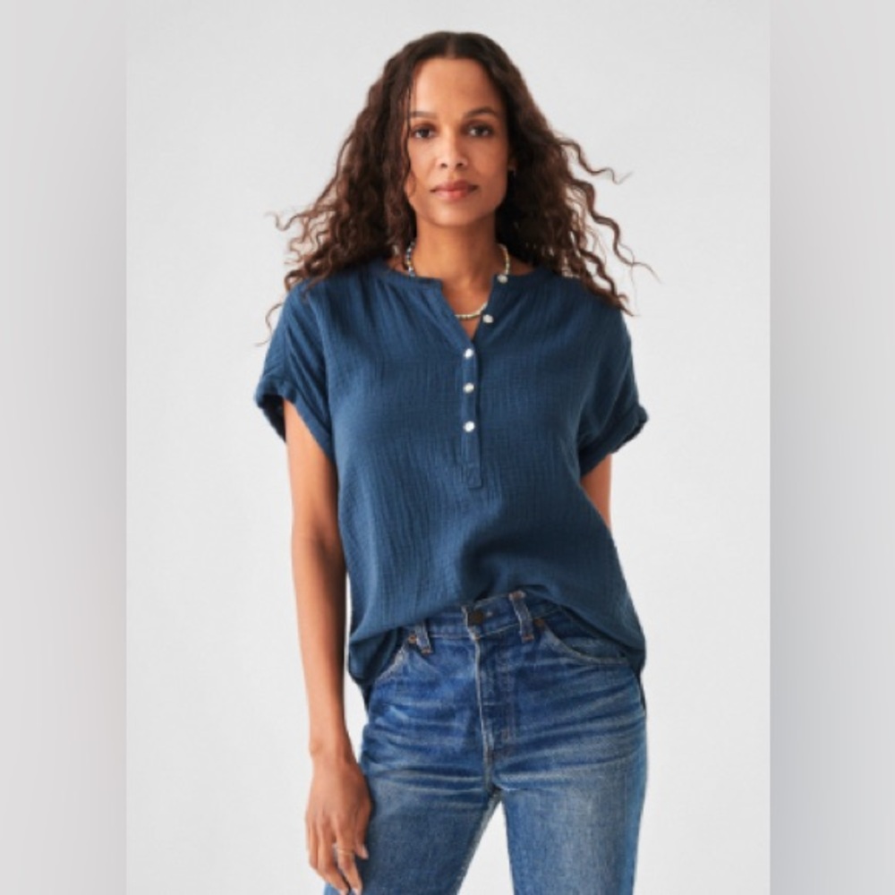 Faherty Dream Cotton Gauze Desmond Top Size M MallorcaBlue (dark turquoise) NWOT